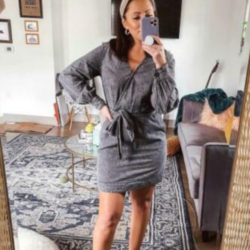 Who What Wear Black Acid Wash Faux Wrap Mini Dress XS - Picture 7 of 8
